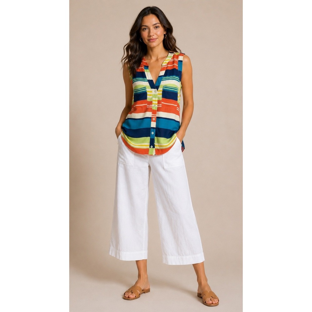 Maeve Button Down Top Women 2 Blue Orange Striped Sleeveless Preppy Boho Coastal